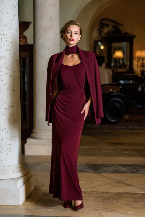 A woman dressed in a classic vintage evening ensemble featuring a long-sleeve gown paired with a tailored shawl and classic heels, standing in a refined indoor setting