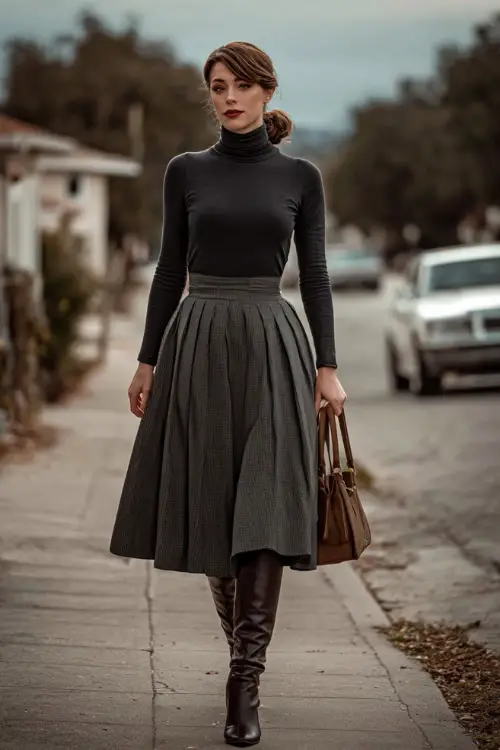 A woman dressed in a classic winter vintage outfit with a fitted turtleneck tucked into a pleated midi skirt, paired with tall boots and a structured handbag