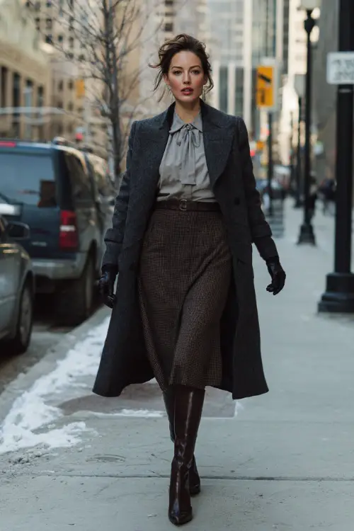 A woman dressed in a classic winter vintage work outfit featuring a tailored coat worn over a midi skirt and blouse, paired with heeled ankle boots and leather gloves