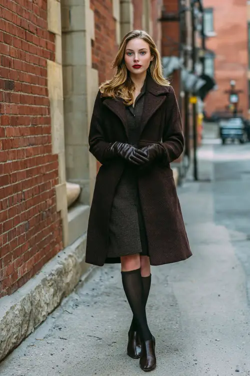 A woman dressed in a classy vintage wool coat layered over a knee-length dress, paired with heeled boots and leather gloves, standing on a quiet city sidewalk in winter 