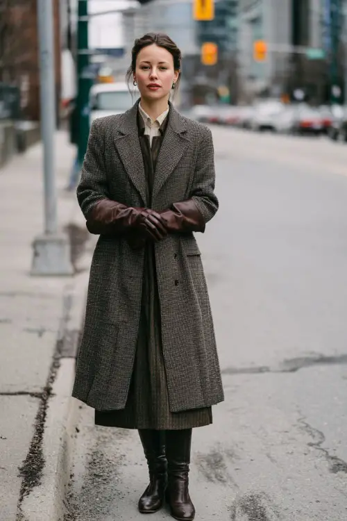 A woman dressed in a classy vintage wool coat layered over a knee-length dress, paired with heeled boots and leather gloves, standing on a quiet city sidewalk in winter 