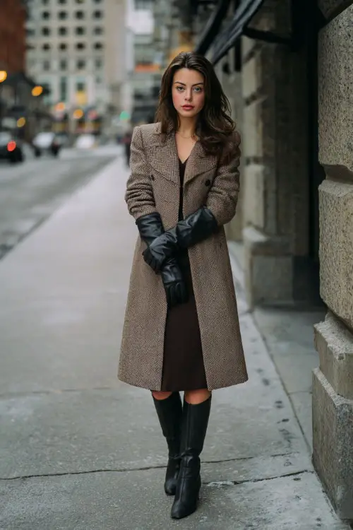 A woman dressed in a classy vintage wool coat layered over a knee-length dress, paired with heeled boots and leather gloves, standing on a quiet city sidewalk in winter 