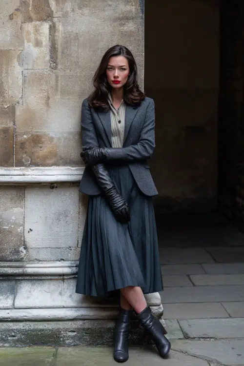 A woman dressed in a classy winter vintage outfit featuring a tailored blazer worn over a knit top and pleated midi skirt, paired with ankle boots and leather gloves