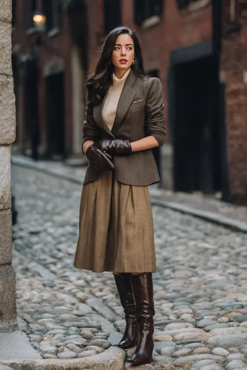 A woman dressed in a classy winter vintage outfit featuring a tailored blazer worn over a knit top and pleated midi skirt, paired with ankle boots and leather gloves