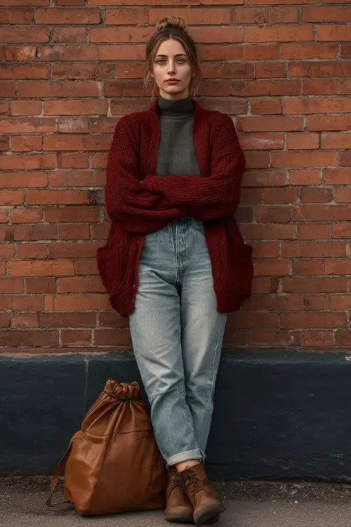 A woman dressed in a comfortable casual winter vintage look featuring a cardigan layered over a turtleneck and jeans, styled with flat boots and a leather bag 