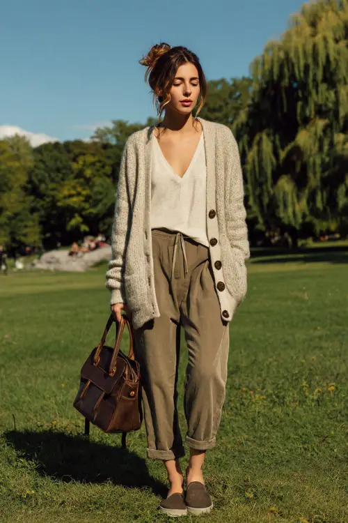 A woman dressed in a cozy casual vintage outfit with a soft cardigan, relaxed trousers, and slip-on shoes, accessorized with a leather bag, standing in a park setting 