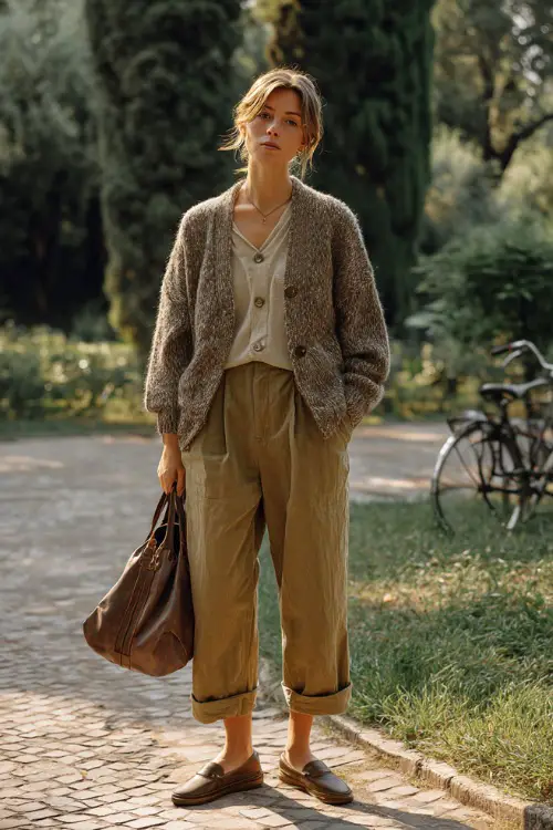 A woman dressed in a cozy casual vintage outfit with a soft cardigan, relaxed trousers, and slip-on shoes, accessorized with a leather bag, standing in a park setting