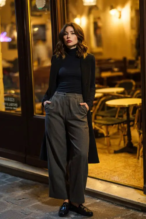 A woman dressed in a fitted turtleneck paired with wide-leg trousers, layered with a casual coat and styled with loafers