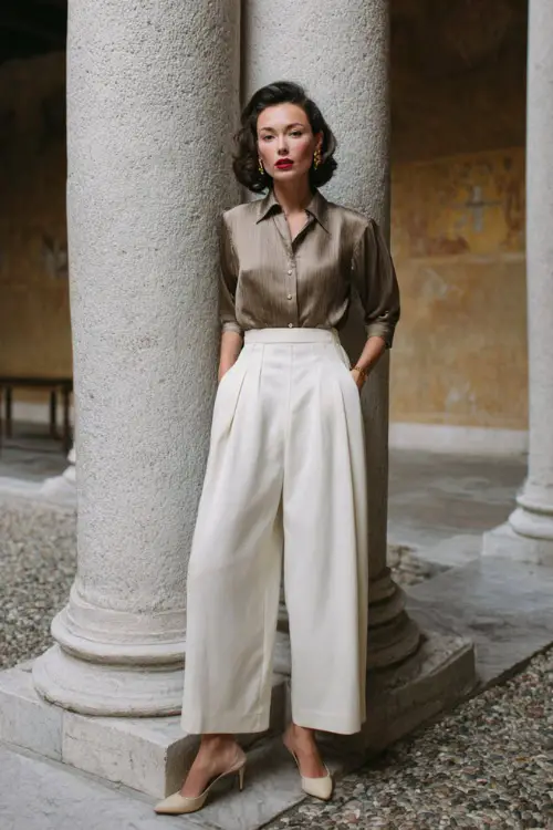 A woman dressed in a fitted vintage blouse tucked into high-waisted wide-leg pleated trousers, styled with low heels and subtle jewelry