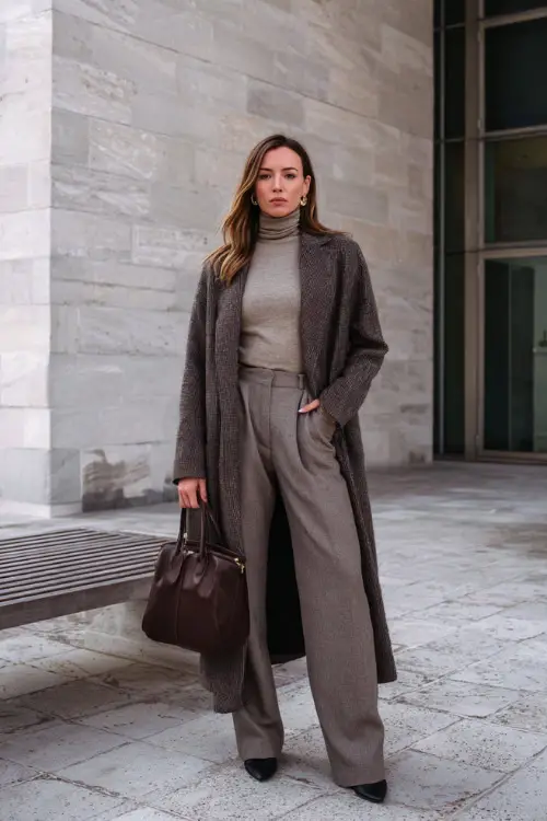 A woman dressed in a minimalist 90s winter outfit featuring a long wool coat worn over a turtleneck and straight-leg trousers, accessorized with a leather handbag