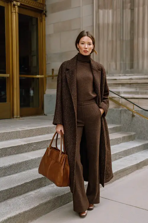 A woman dressed in a minimalist 90s winter outfit featuring a long wool coat worn over a turtleneck and straight-leg trousers, accessorized with a leather handbag