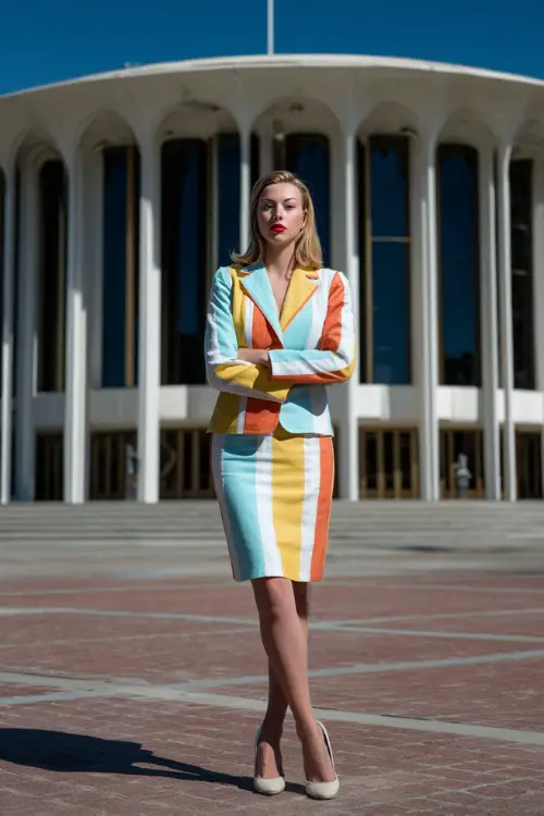 A woman dressed in a playful retro skirt suit with a fitted jacket and knee-length skirt, paired with classic pumps, posed in front of a mid-century modern building