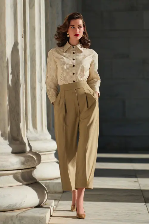 A woman dressed in a polished 1950s-inspired pants outfit with pleated trousers and a button-front blouse, accessorized with simple jewelry and pumps 