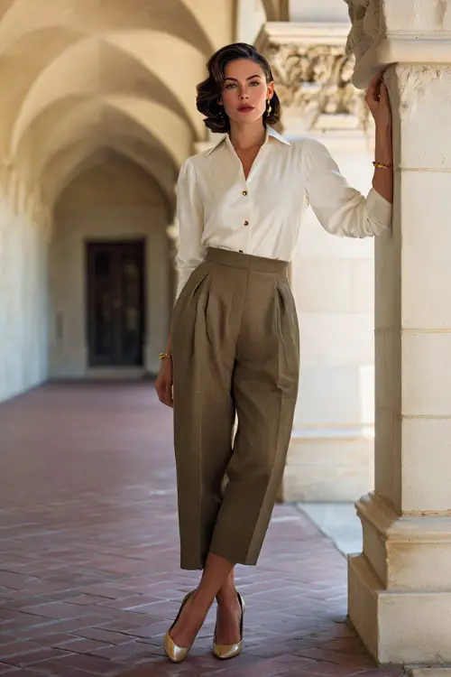 A woman dressed in a polished 1950s-inspired pants outfit with pleated trousers and a button-front blouse, accessorized with simple jewelry and pumps