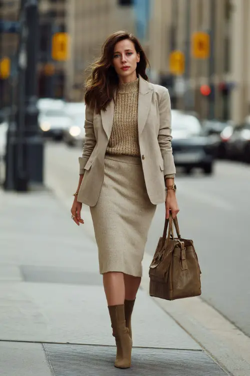 A woman dressed in a polished winter vintage outfit featuring a wool blazer layered over a knit sweater and pencil skirt, accessorized with ankle boots and a structured bag