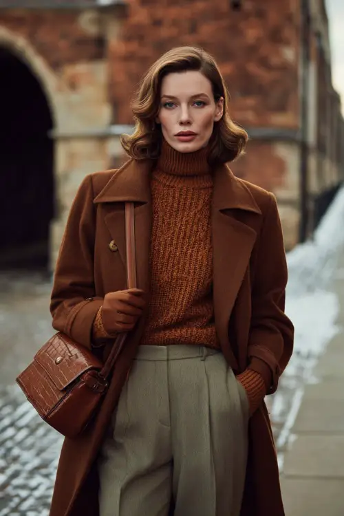 A woman dressed in a refined retro winter look featuring a belted coat layered over a knit sweater and straight-leg trousers, accessorized with gloves and a leather handbag