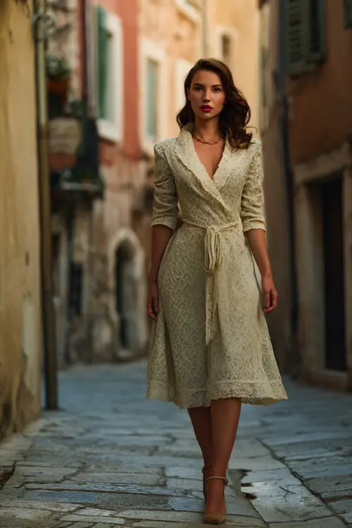 A woman dressed in a refined vintage dress with lace details and a midi length, accessorized with elegant heels and subtle jewelry, standing in an old European-style street