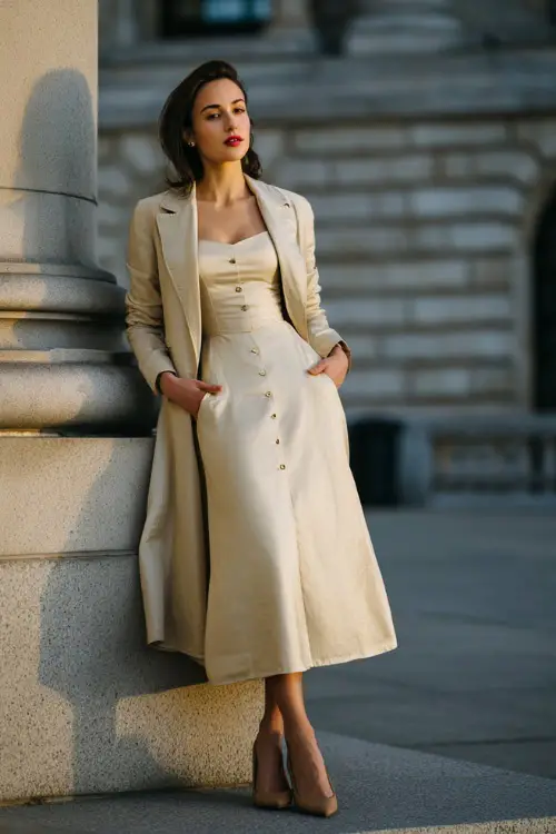 A woman dressed in a refined vintage evening look featuring a tailored long-sleeve gown paired with a fitted coat and classic heels, posed in front of a grand old building at dusk 