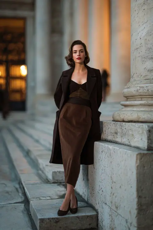 A woman dressed in a refined vintage evening look featuring a tailored long-sleeve gown paired with a fitted coat and classic heels, posed in front of a grand old building at dusk