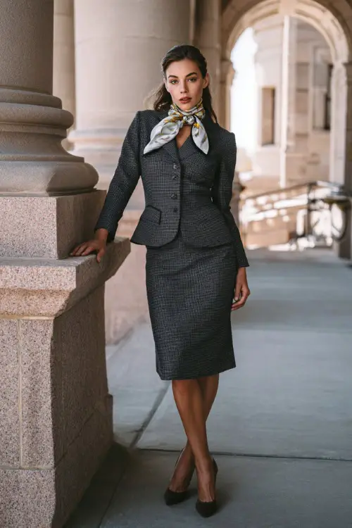 A woman dressed in a refined winter vintage ensemble with a fitted blazer, midi skirt, and silk scarf, paired with classic heels
