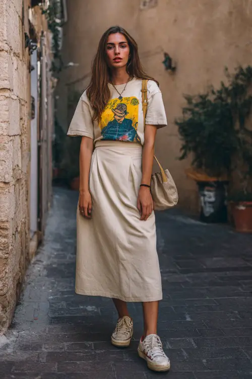 A woman dressed in a relaxed vintage outfit with a tucked-in graphic tee and a midi skirt, paired with classic sneakers and a shoulder bag, standing in a cozy urban setting