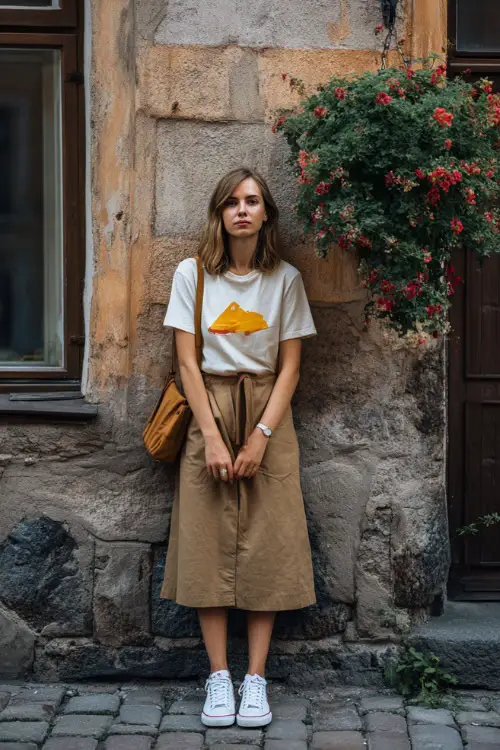 A woman dressed in a relaxed vintage outfit with a tucked-in graphic tee and a midi skirt, paired with classic sneakers and a shoulder bag, standing in a cozy urban setting