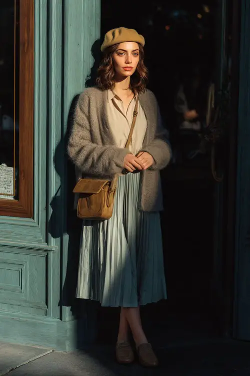 A woman dressed in a relaxed winter vintage outfit featuring a soft cardigan layered over a simple blouse and pleated midi skirt