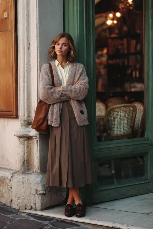 A woman dressed in a relaxed winter vintage outfit featuring a soft cardigan layered over a simple blouse and pleated midi skirt