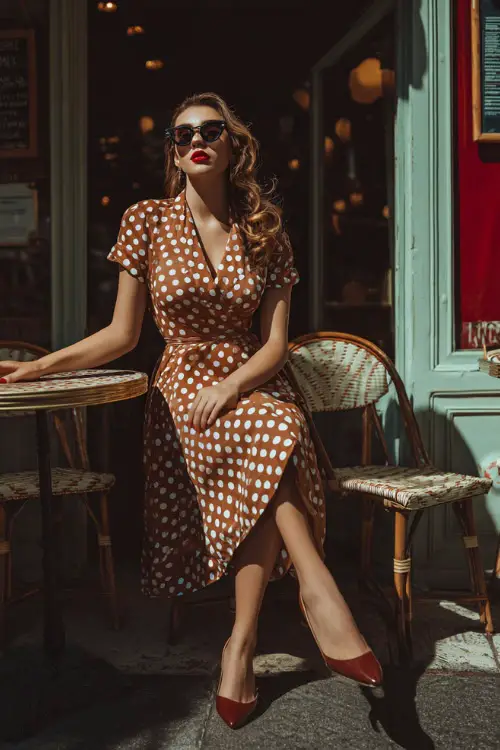 A woman dressed in a retro polka dot midi dress with short sleeves and a cinched waist, styled with kitten heels and cat-eye sunglasses, posed in front of a vintage café setting