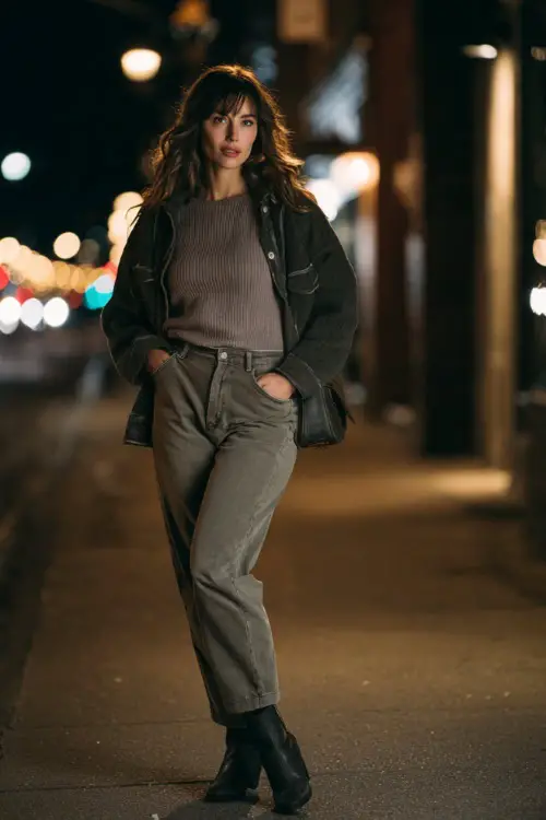 A woman dressed in a soft knit top layered with a casual jacket and straight-leg jeans, accessorized with a small handbag and ankle boots (2)