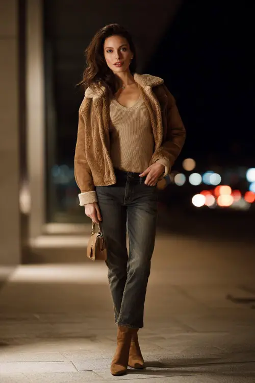 A woman dressed in a soft knit top layered with a casual jacket and straight-leg jeans, accessorized with a small handbag and ankle boots