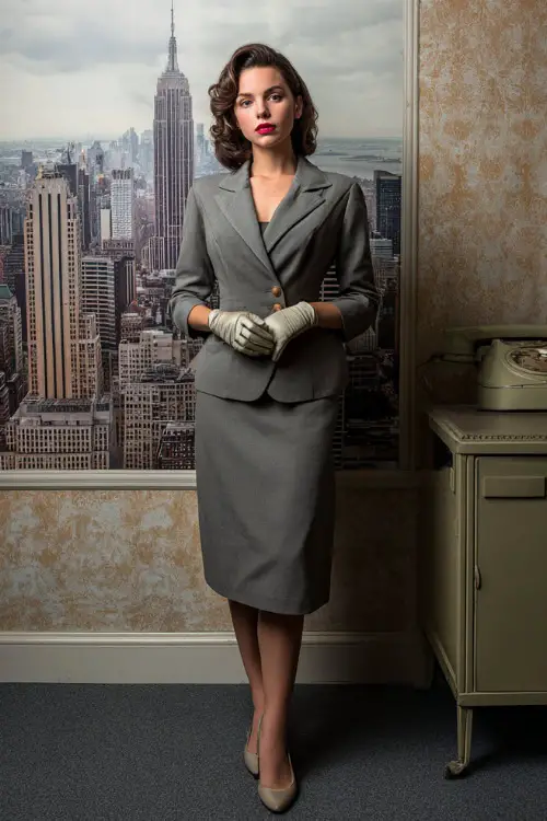A woman dressed in a tailored 1950s-style suit with a fitted jacket and pencil skirt, paired with gloves and classic pumps, standing in front of a vintage office or city backdrop 