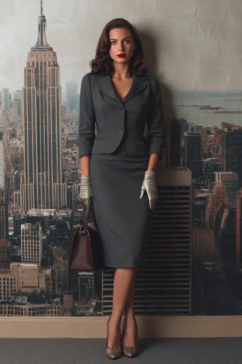 A woman dressed in a tailored 1950s-style suit with a fitted jacket and pencil skirt, paired with gloves and classic pumps, standing in front of a vintage office or city backdrop
