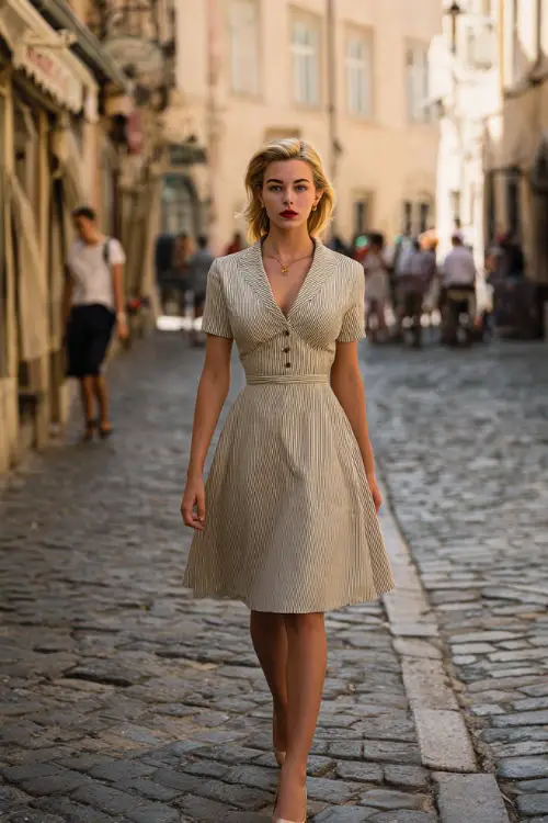 A woman dressed in a timeless A-line vintage dress with short sleeves and a defined waist, paired with low heels and delicate jewelry, walking through a European-style street