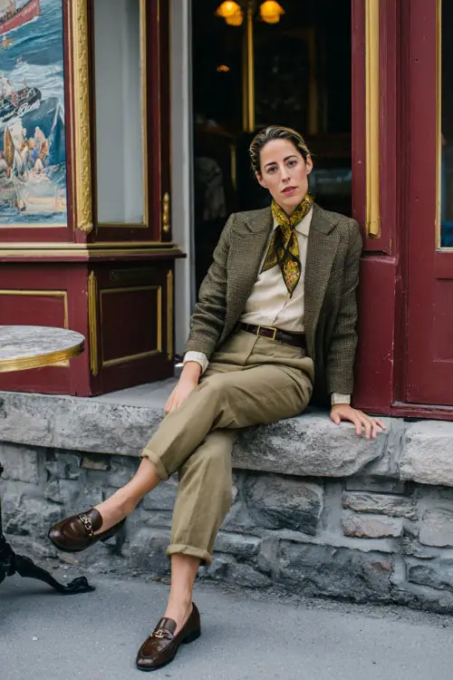 A woman dressed in a timeless vintage-inspired tweed blazer paired with high-waisted trousers and leather loafers, accessorized with a silk scarf and leather belt 