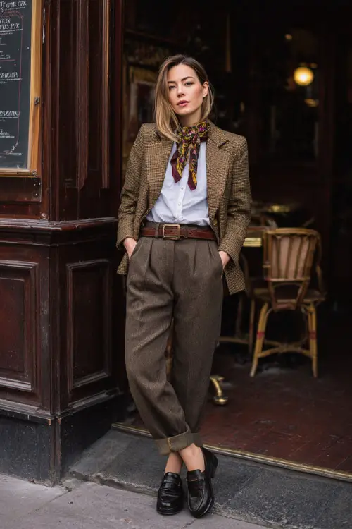 A woman dressed in a timeless vintage-inspired tweed blazer paired with high-waisted trousers and leather loafers, accessorized with a silk scarf and leather belt