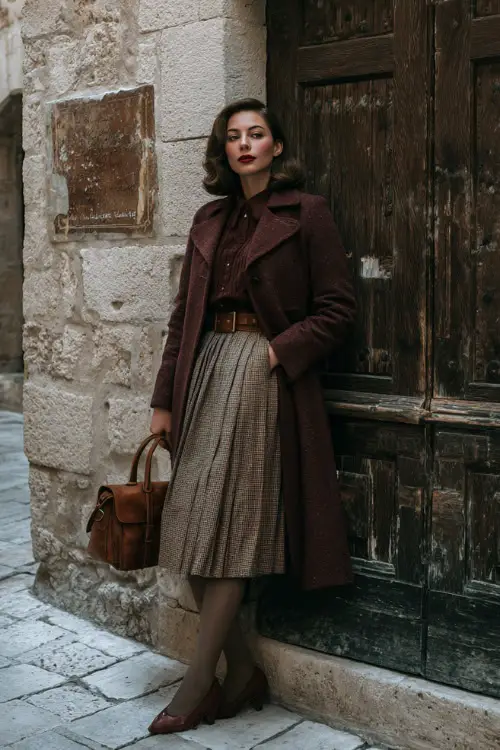 A woman dressed in a timeless winter vintage outfit featuring a long coat, pleated skirt, and classic heels with tights, accessorized with a handbag, posed in an old European-style street 