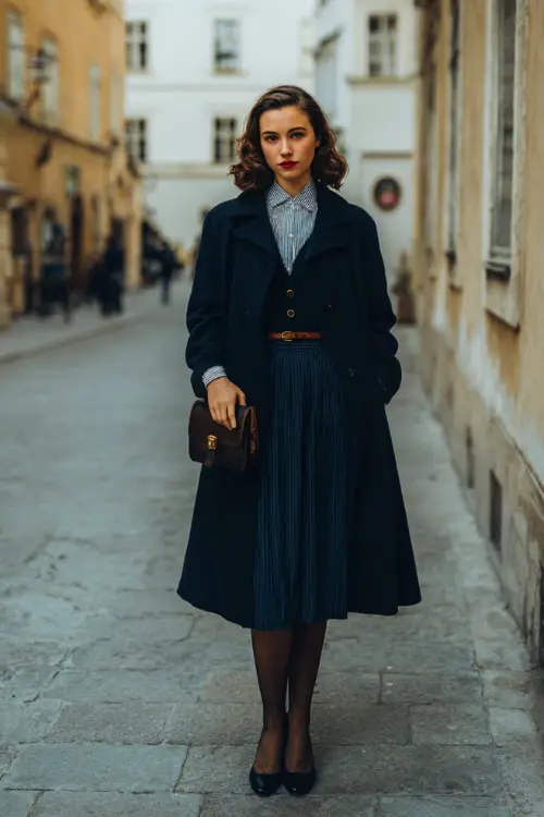 A woman dressed in a timeless winter vintage outfit featuring a long coat, pleated skirt, and classic heels with tights, accessorized with a handbag, posed in an old European-style street