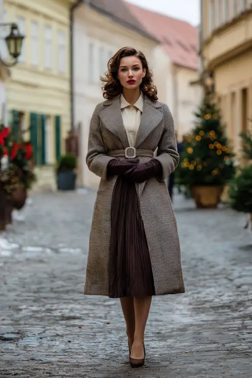 A woman dressed in a winter retro outfit featuring a belted long coat worn over a pleated midi skirt and tucked-in blouse, paired with classic heels and gloves