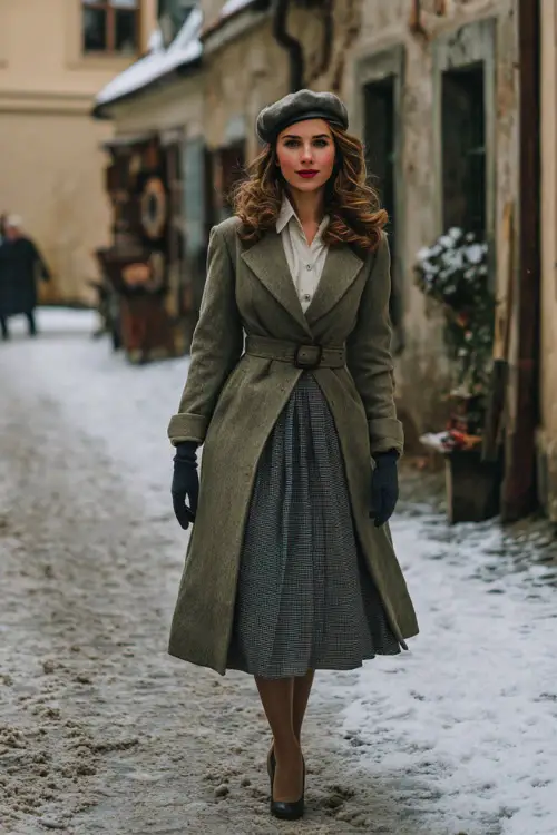 A woman dressed in a winter retro outfit featuring a belted long coat worn over a pleated midi skirt and tucked-in blouse, paired with classic heels and gloves