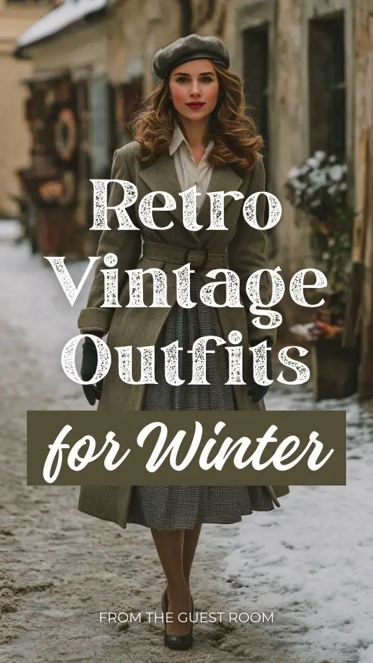 A woman dressed in a winter retro vintage outfit with a belted long coat worn over a pleated midi skirt and tucked-in blouse, paired with classic heels and gloves