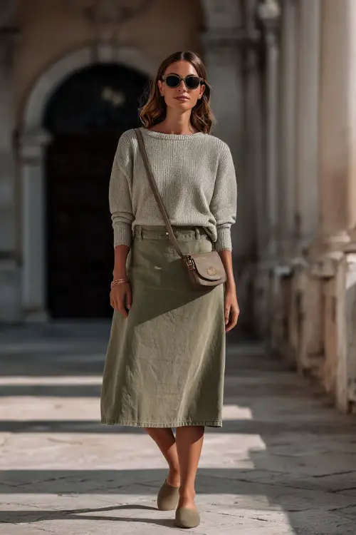 A woman dressed in an easy casual vintage outfit featuring a lightweight sweater tucked into a midi skirt, paired with flats and a crossbody bag, posed in a quiet urban setting