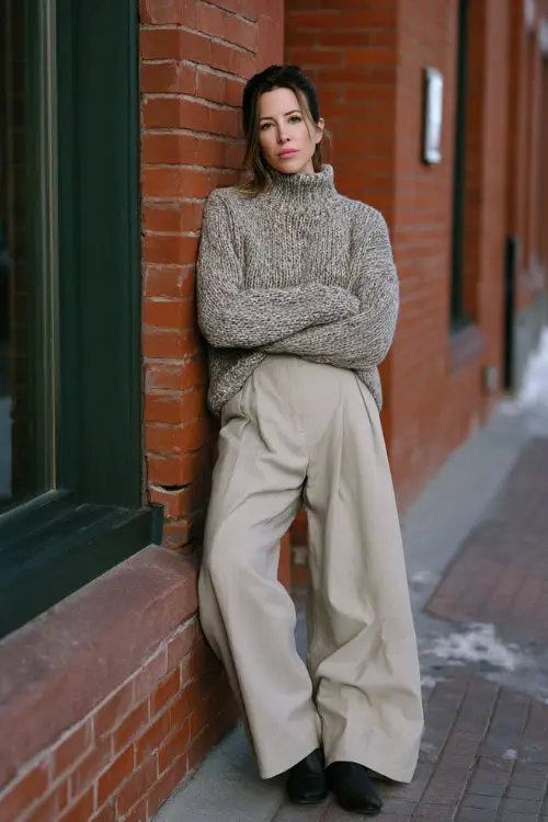 A woman dressed in an easy winter vintage outfit featuring a chunky knit sweater paired with wide-leg trousers and flat shoes, posed in a cozy urban setting