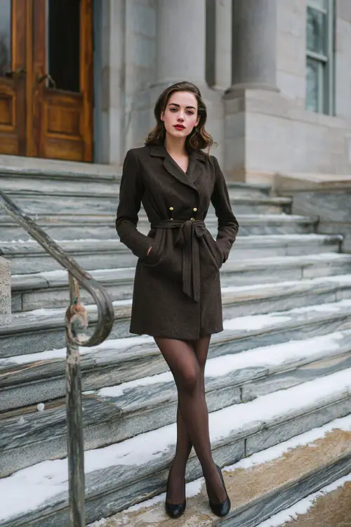 A woman dressed in an elegant vintage coat dress with a defined waist, paired with tights and classic heels, posed on marble steps of a historic building during winter