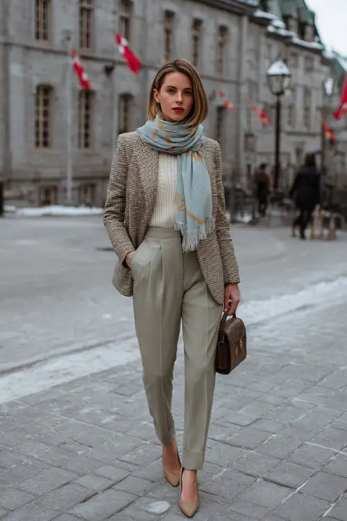 A woman dressed in an elegant vintage work outfit with a fitted blazer, pleated trousers, and a knit scarf, paired with low heels, standing in a winter city setting with muted tones 