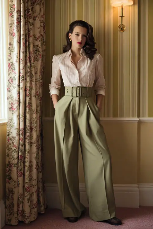 A woman dressed in high-waisted wide-leg trousers with a fitted tucked-in blouse, accessorized with a waist belt and loafers, posed in a classic 1950s-inspired indoor setting
