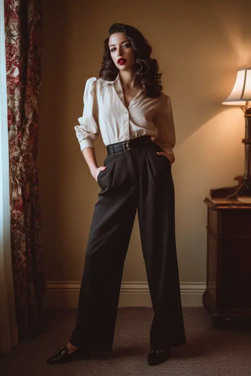 A woman dressed in high-waisted wide-leg trousers with a fitted tucked-in blouse, accessorized with a waist belt and loafers
