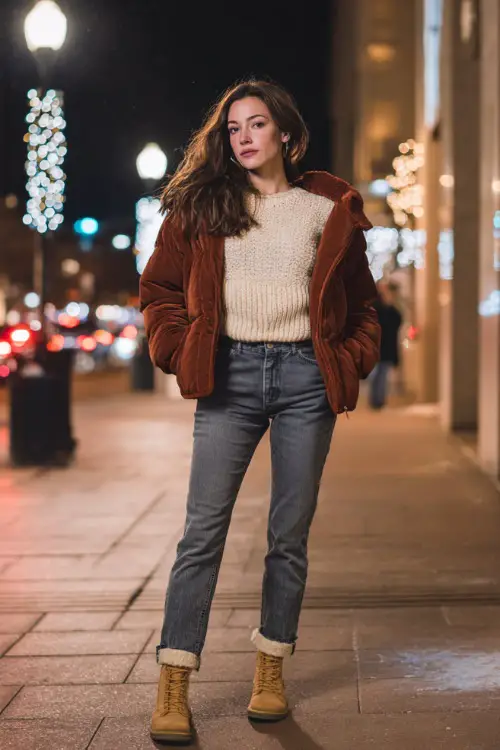 A woman dressed in straight-leg jeans with a soft sweater and a padded jacket, styled with flat boots, posing on a lively city sidewalk during a winter night out 