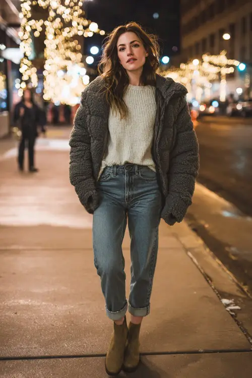 A woman dressed in straight-leg jeans with a soft sweater and a padded jacket, styled with flat boots, posing on a lively city sidewalk during a winter night out