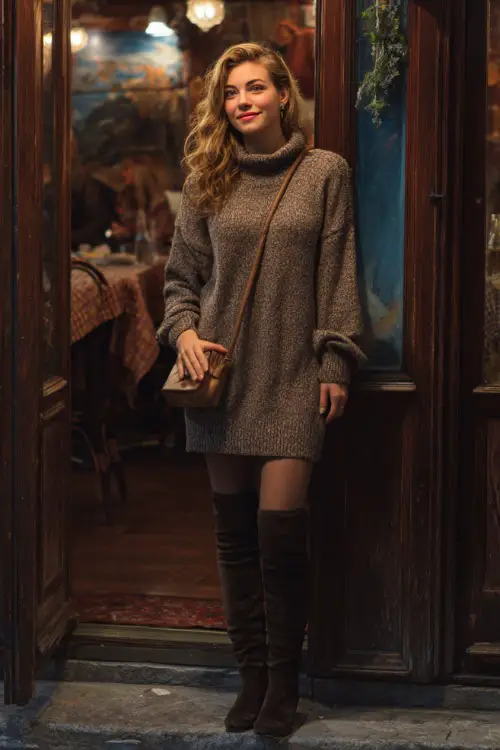 A woman in a casual sweater dress layered with tights and knee-high boots, accessorized with a small crossbody bag, posing outside a cozy restaurant during winter evening hours